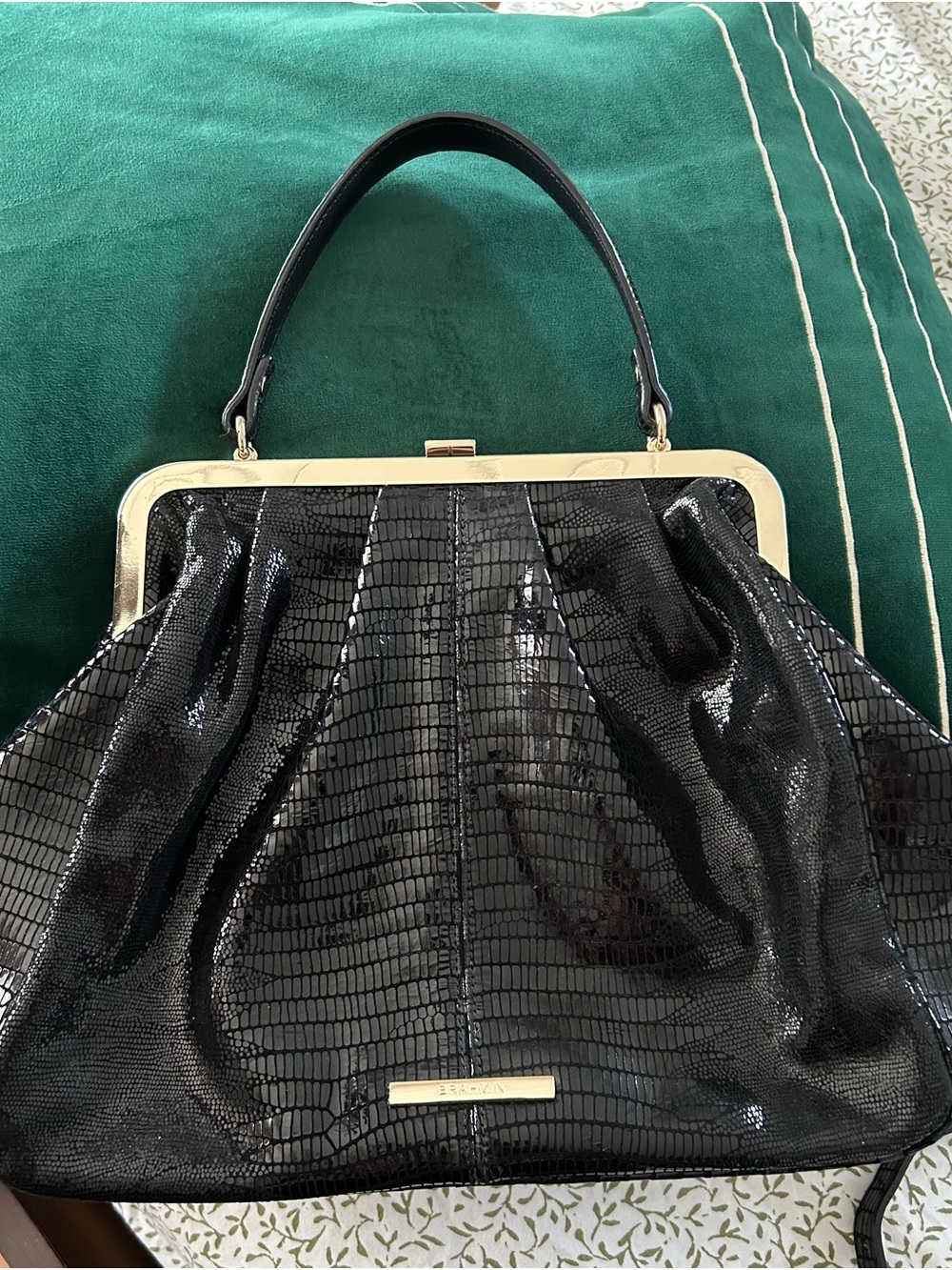 Brahmin Black Glossy Lizard-Embossed Satchel with Gold Frame